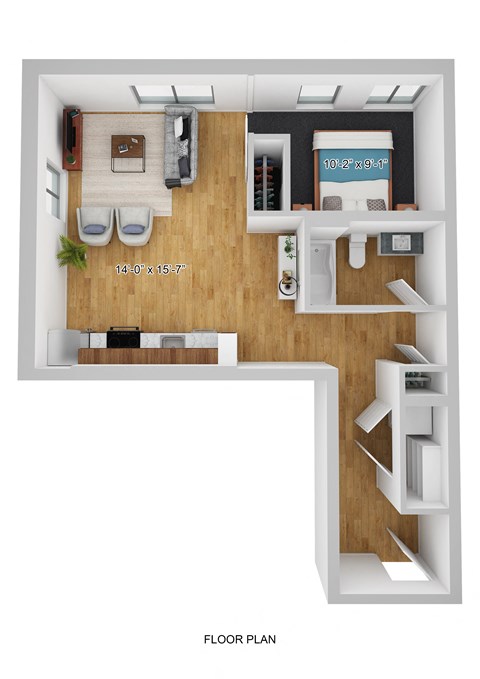 Floor plan for 1 bed, 1 bath, 685 sqft